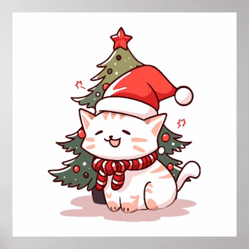 Cute cat wearing Santa hat near Christmas tree Poster