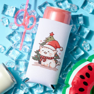 Cute cat wearing Santa hat near Christmas tree Seltzer Can Cooler