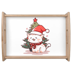 Cute cat wearing Santa hat near Christmas tree Serving Tray