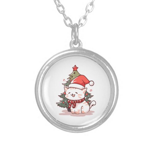 Cute cat wearing Santa hat near Christmas tree Silver Plated Necklace