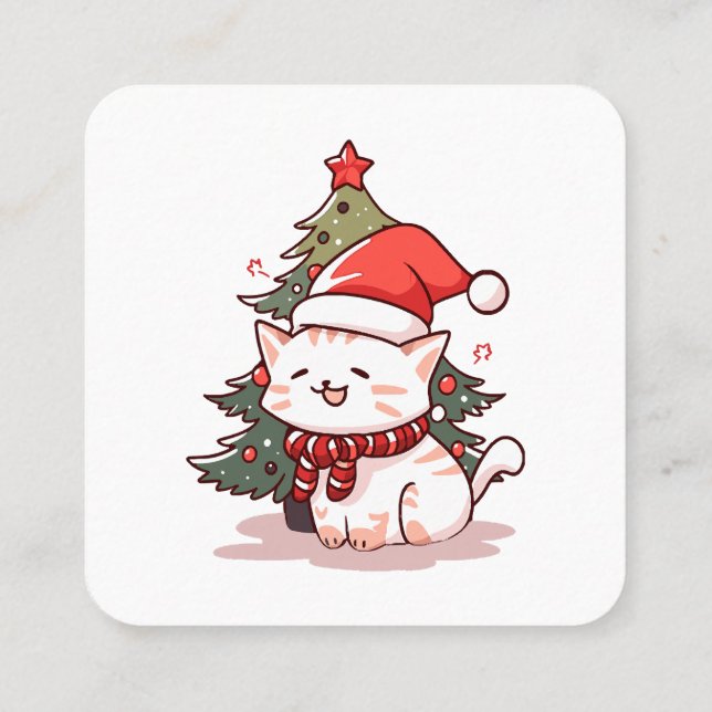 Cute cat wearing Santa hat near Christmas tree Square Business Card (Back)