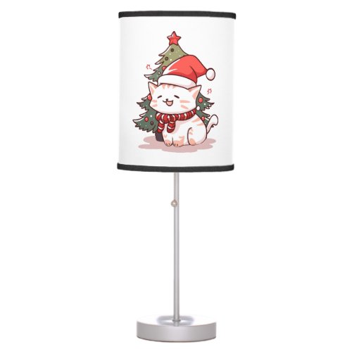 Cute cat wearing Santa hat near Christmas tree Table Lamp