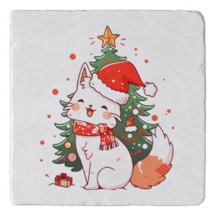 Cute cat wearing Santa hat near Christmas tree Trivet