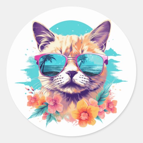 Cute Cat Wearing Sunglasses Summer Atmosphere Classic Round Sticker