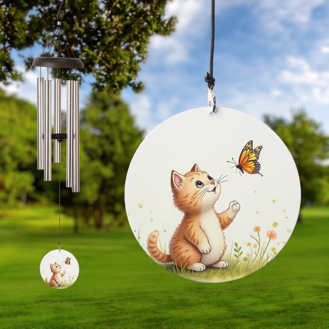 Cute cat who wants to play with butterflies wind chime  (Outdoor)