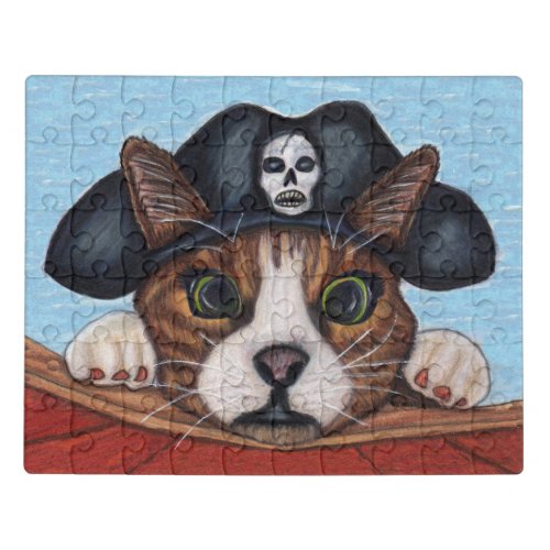 Cute Cat Wide Eyes Wearing Pirate Hat on Boat Jigsaw Puzzle