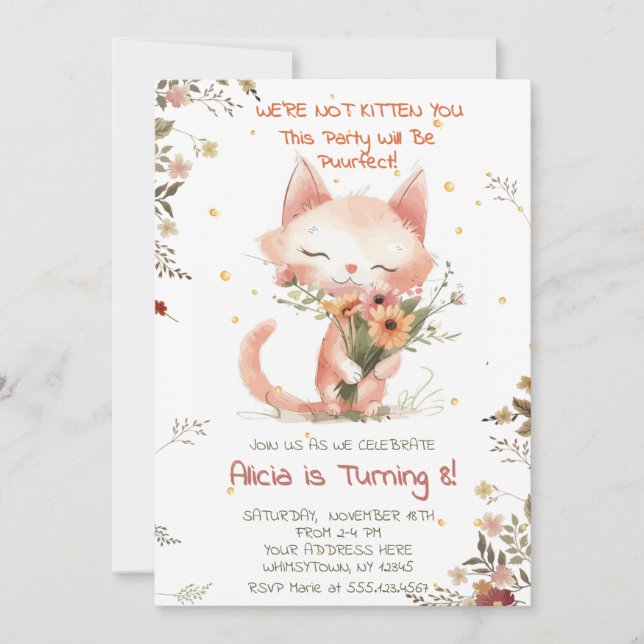 Cute Cat wildflowers girl birthday  Invitation (Front)