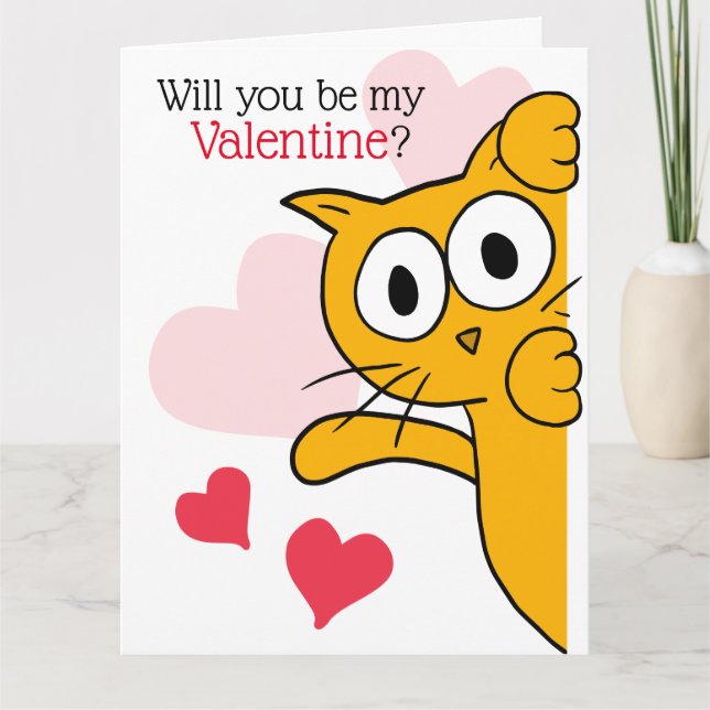 Cute Cat Will You Be My Valentine Greeting Card (Front)