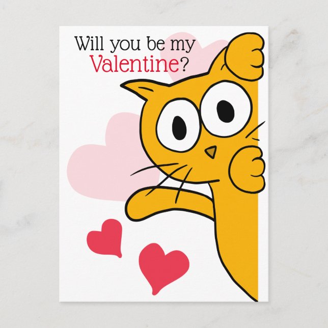 Cute Cat Will You Be My Valentine Postcard (Front)