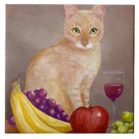 Cute Cat Wine Grapes Apple Bananas Creationarts Ceramic Tile