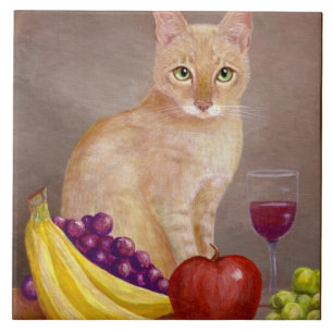 Cute Cat Wine Grapes Apple Bananas Creationarts Ceramic Tile