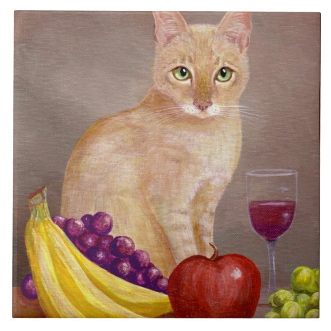 Cute Cat Wine Grapes Apple Bananas Creationarts Ceramic Tile (Front)