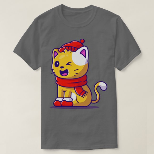 Cute Cat Winter Wearing Hat Scarf And Shoes Cartoo T-Shirt (Design Front)