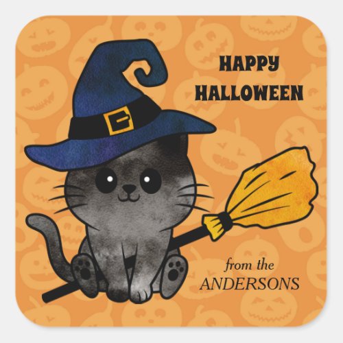 Cute Cat Witch and Broom Halloween Square Sticker