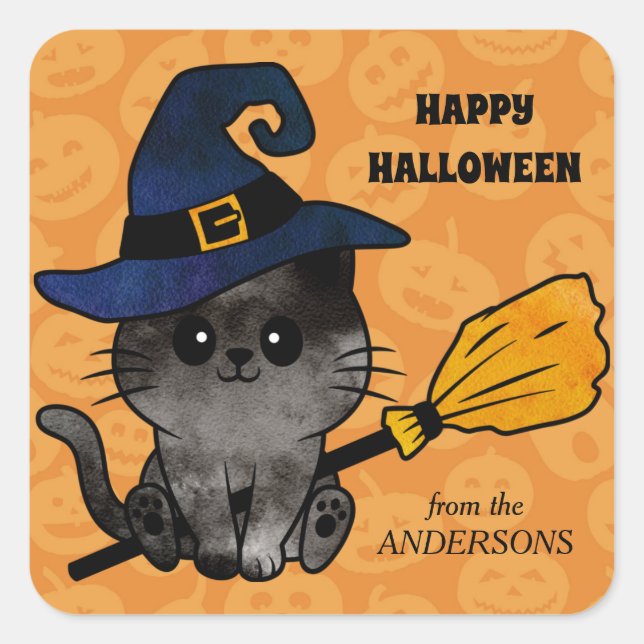 Cute Cat Witch and Broom Halloween Square Sticker (Front)