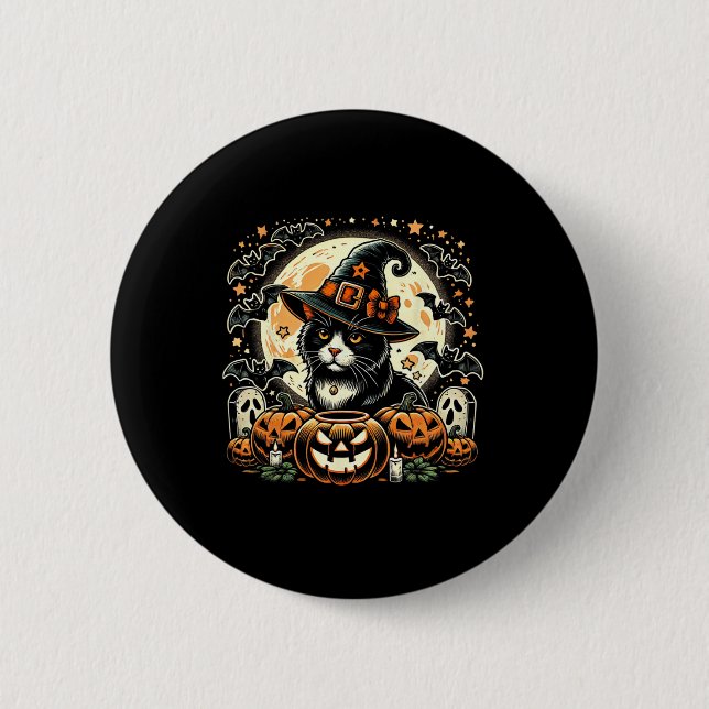 Cute Cat Witch Halloween - Spooky Pumpkin Art  Button (Front)