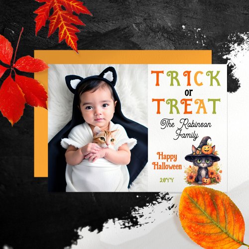 Cute Cat Witch Hat Photo Trick or Treat Halloween Holiday Card