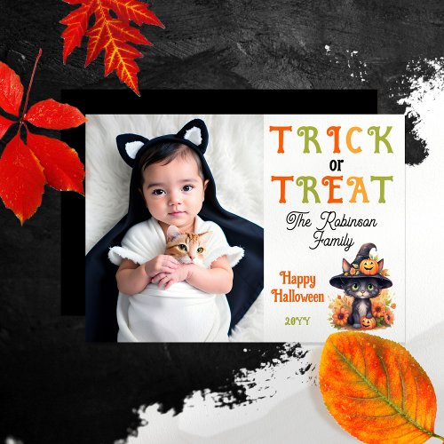 Cute Cat Witch Hat Photo Trick or Treat Halloween Holiday Card