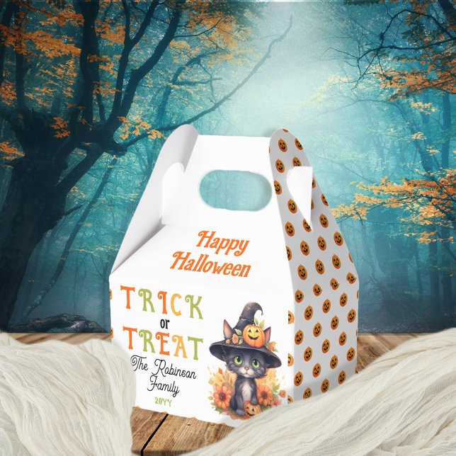 Cute Cat Witch Hat Trick or Treat Halloween Favor Boxes (Cute Black Cat in a Witches Hat "Trick or Treat" "Happy Halloween" Treat Favor Boxes)
