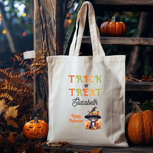 Cute Cat Witch Hat Trick or Treat Halloween Tote Bag