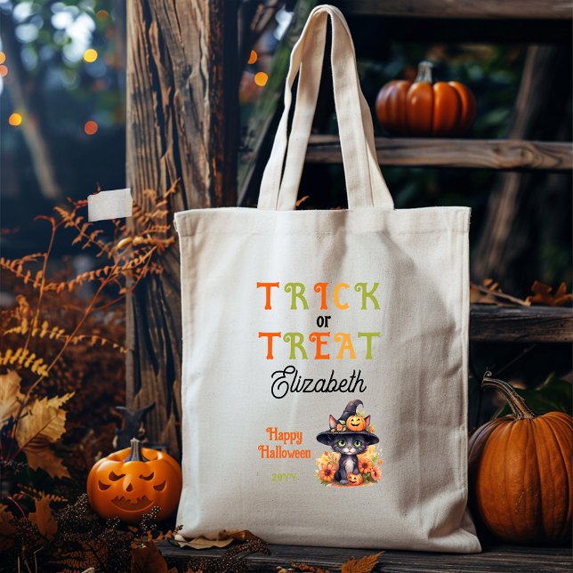 Cute Cat Witch Hat Trick or Treat Halloween Tote Bag (Cute Cat in a Witch Hat Trick or Treat Halloween Tote Bag)