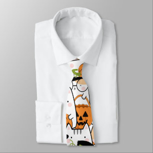 Cute Cat Witch Holding Bumkin Halloween Neck Tie