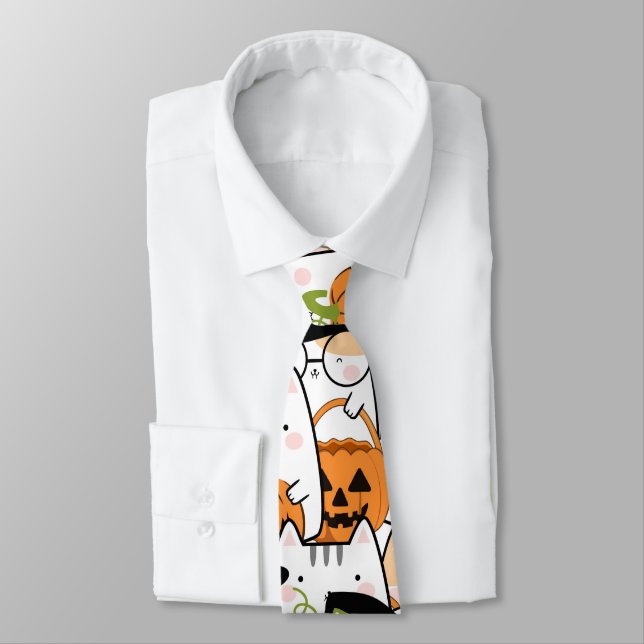 Cute Cat Witch Holding Bumkin Halloween Neck Tie (Tied)
