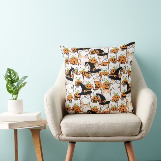 Cute Cat Witch Holding Bumkin Halloween Throw Pillow (Chair)