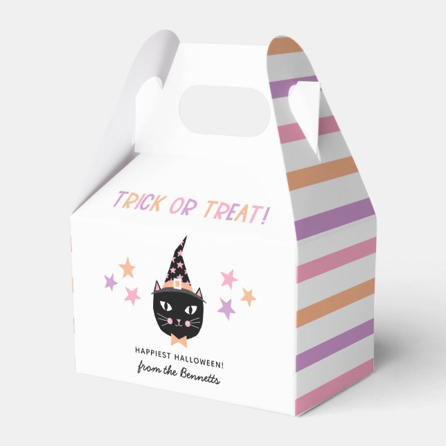 Cute Cat Witch Pastel Halloween Name Trick Treat Favor Boxes (Front Side)