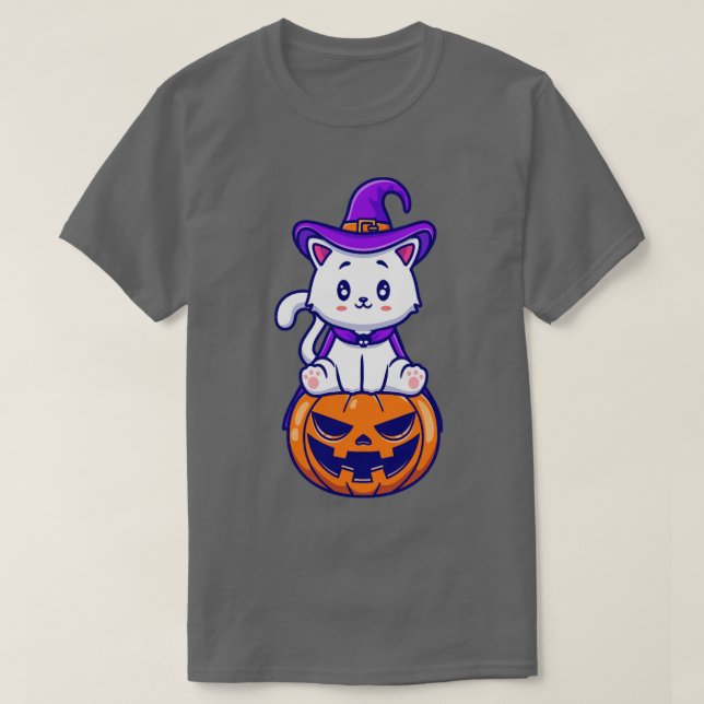 Cute Cat Witch Sitting On Pumpkin Cartoon T-Shirt (Design Front)