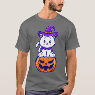 Cute Cat Witch Sitting On Pumpkin Cartoon T-Shirt