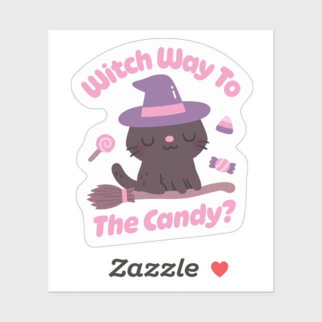 Cute Cat Witch Way To The Candy Funny Sticker (Sheet)