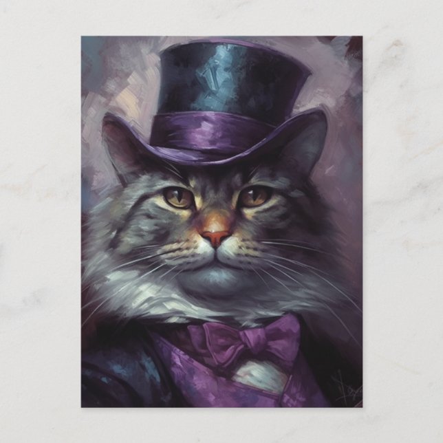 Cute Cat With a Black and Purple Tophat Postcard (Front)