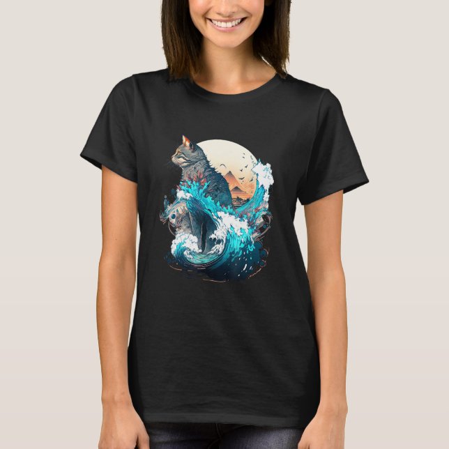 Cute Cat with a ocaen wave Illustration 1 T-Shirt (Front)