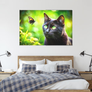 Cute Cat with beautiful Butterfly Image Nature-Art Canvas Print