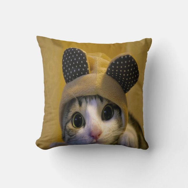 Cute Cat with Big Eyes in a Dressed of Animal Ears Throw Pillow (Front)