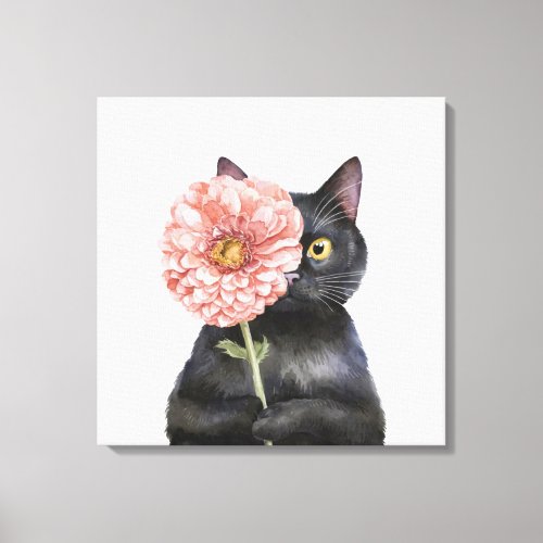 Cute Cat with Big Flower Adorable Black Cat Canvas Print