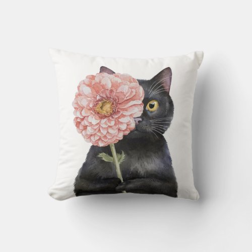Cute Cat with Big Flower Adorable Black Cat Throw Pillow