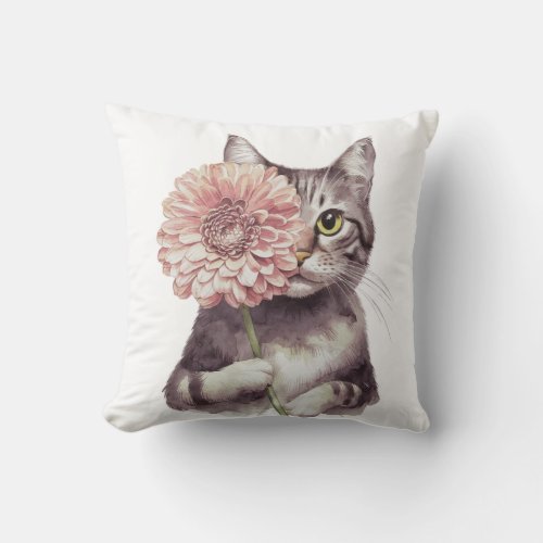 Cute Cat with Big Flower Adorable Feline Throw Pillow