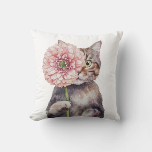 Cute Cat with Big Flower Adorable Feline  Throw Pillow