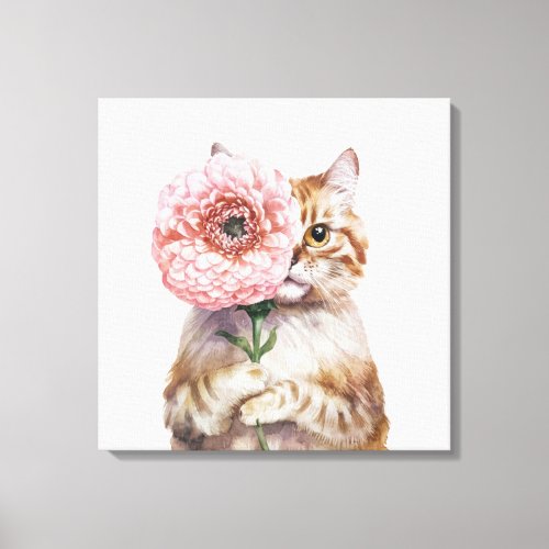 Cute Cat with Big Flower Adorable Ginger Cat Canvas Print
