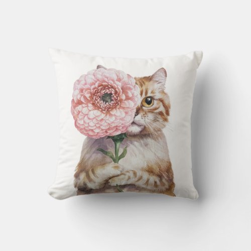 Cute Cat with Big Flower Adorable Ginger Cat Throw Pillow