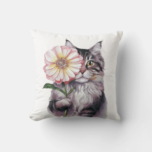  Cute Cat with Big Flower Adorable Maine coon Cat Throw Pillow