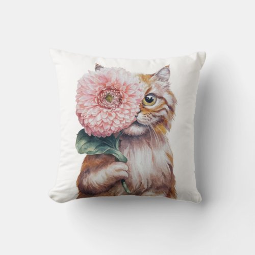 Cute Cat with Big Flower Adorable Persian Cat Throw Pillow