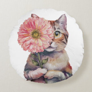 Cute Cat with Big Flower| Adorable Siamese Cat Round Pillow