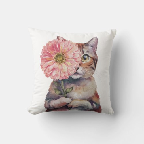 Cute Cat with Big Flower Adorable Siamese Cat Throw Pillow