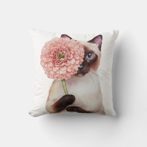  Cute Cat with Big Flower Adorable Siamese Cat Throw Pillow