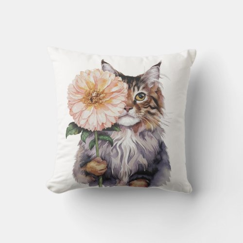 Cute Cat with Big Flower Adorable Siberian Cat Throw Pillow