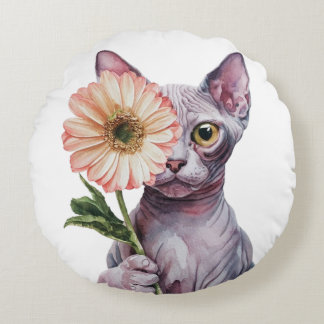 Cute Cat with Big Flower| Adorable Sphynx Cat Round Pillow
