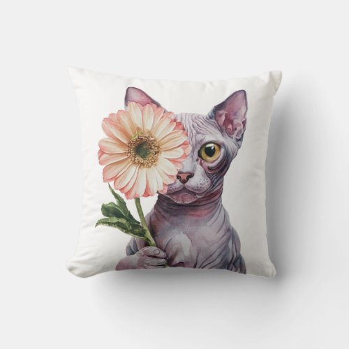 Cute Cat with Big Flower Adorable Sphynx Cat Throw Pillow